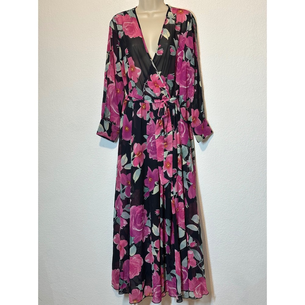 Kate and Lily Womens Pink Floral Sheer Faux Wrap Maxi Dress Split Sleeve Size 14